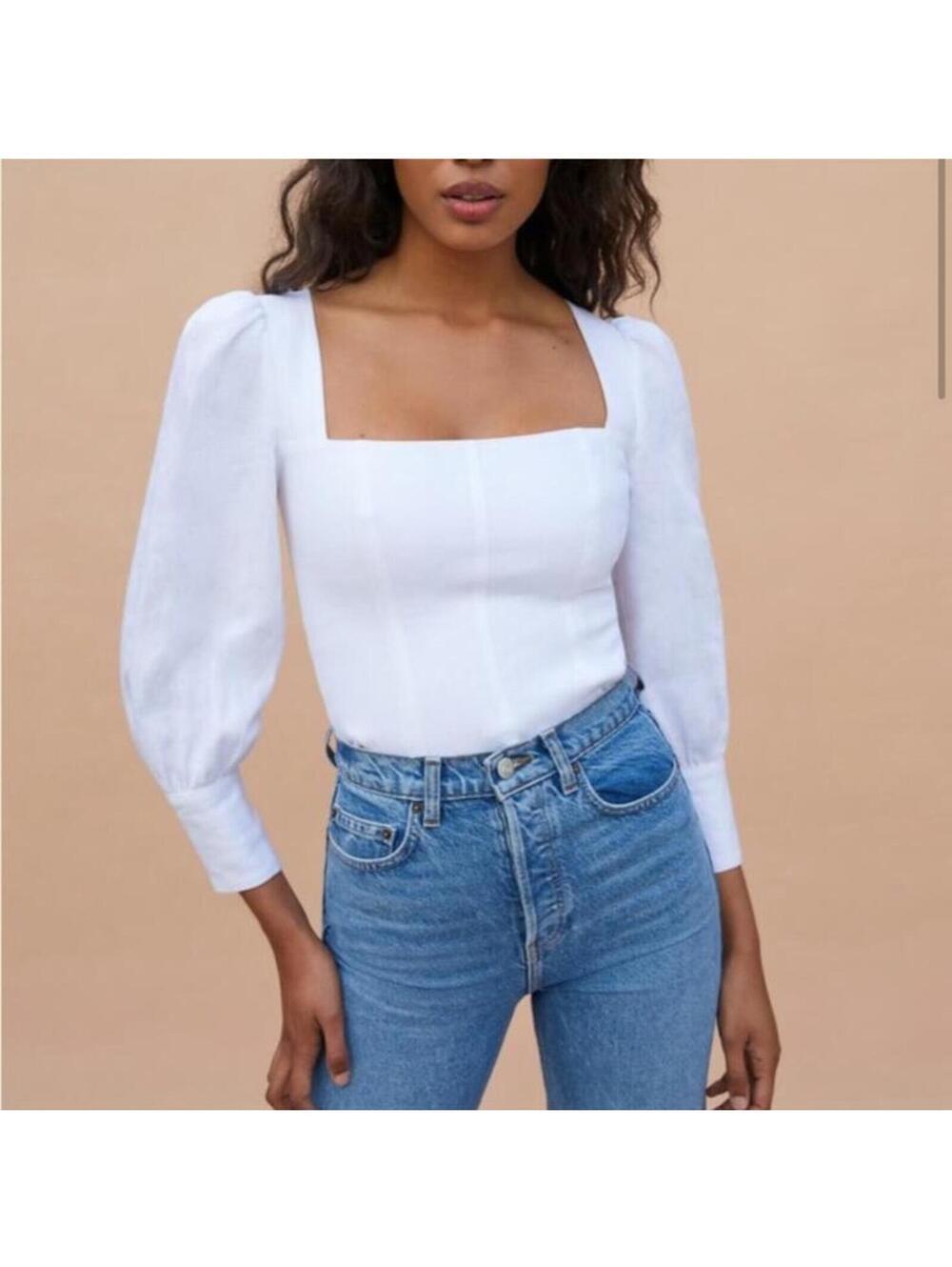 Reformation 100% Linen White Stilton Square Neck Ruched back side zip top 6